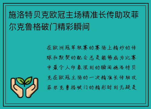 施洛特贝克欧冠主场精准长传助攻菲尔克鲁格破门精彩瞬间